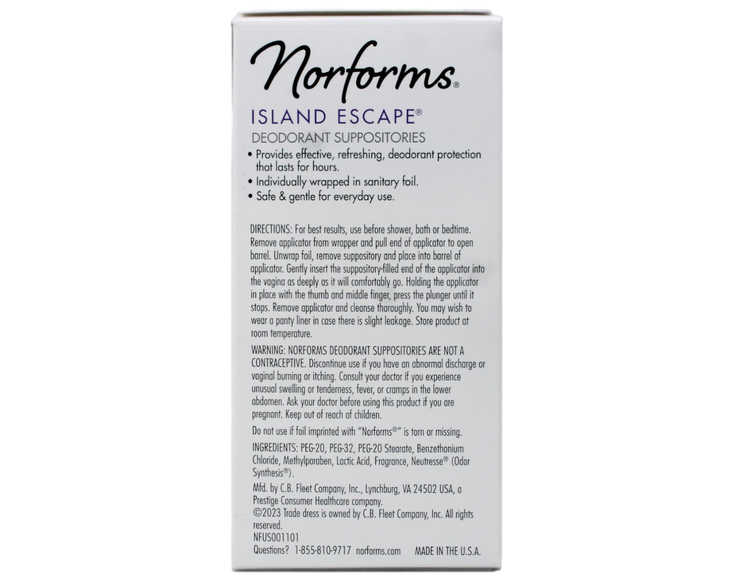 Norforms Feminine Deodorant Suppositories, Long Lasting Odor Control, Island Escape Scent, 12 Count (Pack of 3)