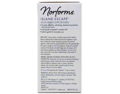 Norforms Feminine Deodorant Suppositories, Long Lasting Odor Control, Island Escape Scent, 12 Count (Pack of 3)