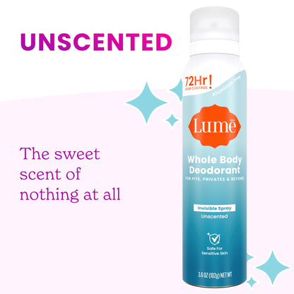 Lume Invisible Spray Deodorant For Women - Whole Body Deodorant Spray - 72 Hr Odor Control - Ozone Friendly, Natural Propellant - Aluminum & Baking Soda Free, Skin Loving - 3.6 ounce (Unscented)