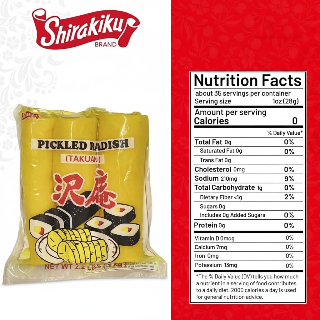 Shirakiku Pickled Radish Takuwan | Japanese Pickle with Sulfites | Ideal for Asian Sushi, Bento Boxes, Sandwiches, and Salads | (3-piece) Pack of 1, 2.2 Pounds