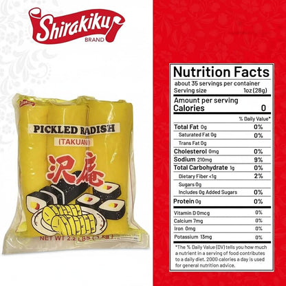 Shirakiku Pickled Radish Takuwan | Japanese Pickle with Sulfites | Ideal for Asian Sushi, Bento Boxes, Sandwiches, and Salads | (3-piece) Pack of 1, 2.2 Pounds