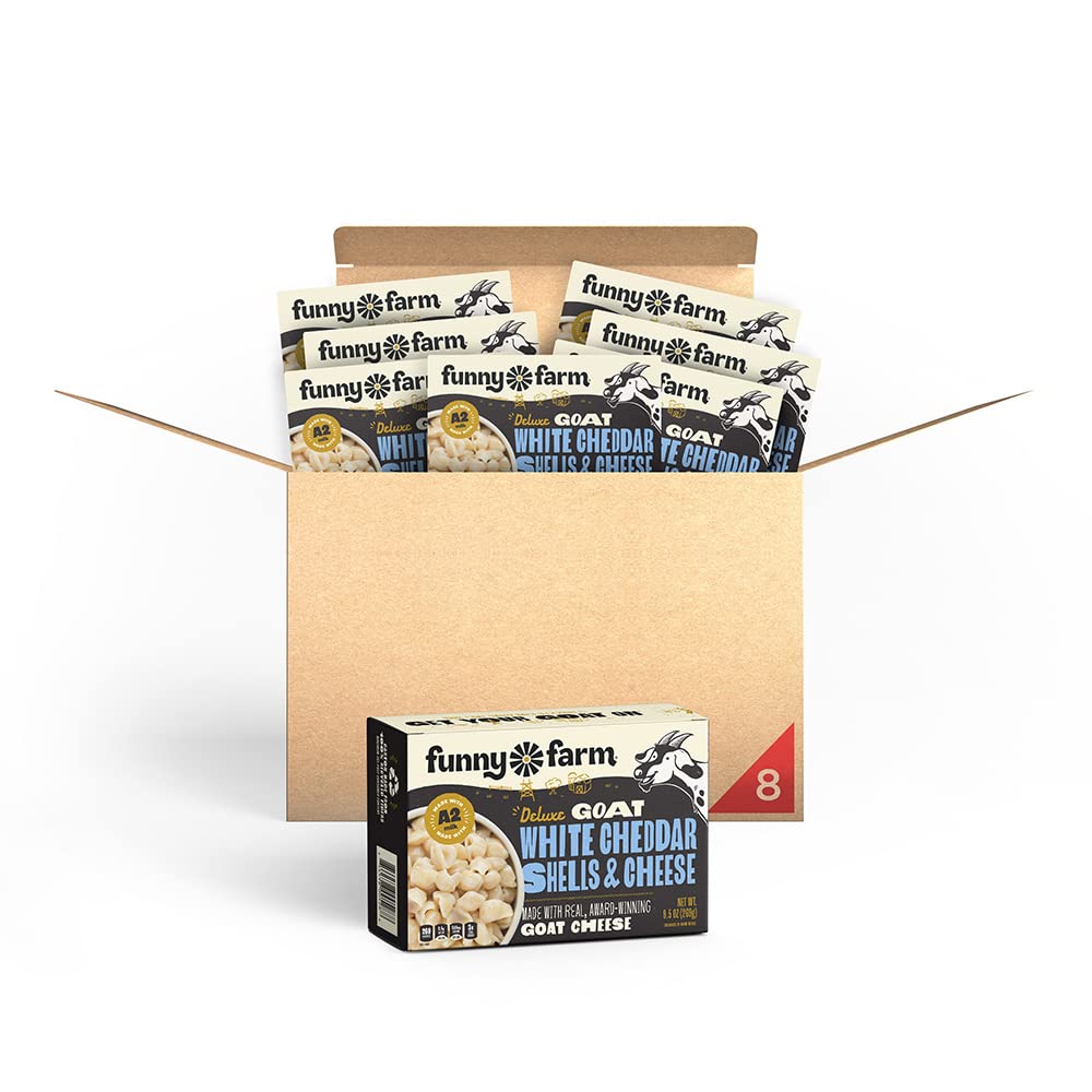 Funny Farm A2 Milk Macaroni and Cheese | Pasta with White Cheddar Flavor - Goat Cheese Mac and Cheese Dinner Bundle (Bulk 8 Pack) | A2 Goat Milk Cheese Pasta Sauce Packet with Elbow Macaroni Noodles - Goats Milk Based White Cheddar Mac n Cheese