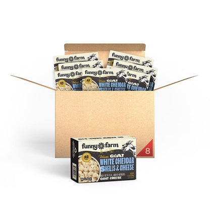 Funny Farm A2 Milk Macaroni and Cheese | Pasta with White Cheddar Flavor - Goat Cheese Mac and Cheese Dinner Bundle (Bulk 8 Pack) | A2 Goat Milk Cheese Pasta Sauce Packet with Elbow Macaroni Noodles - Goats Milk Based White Cheddar Mac n Cheese