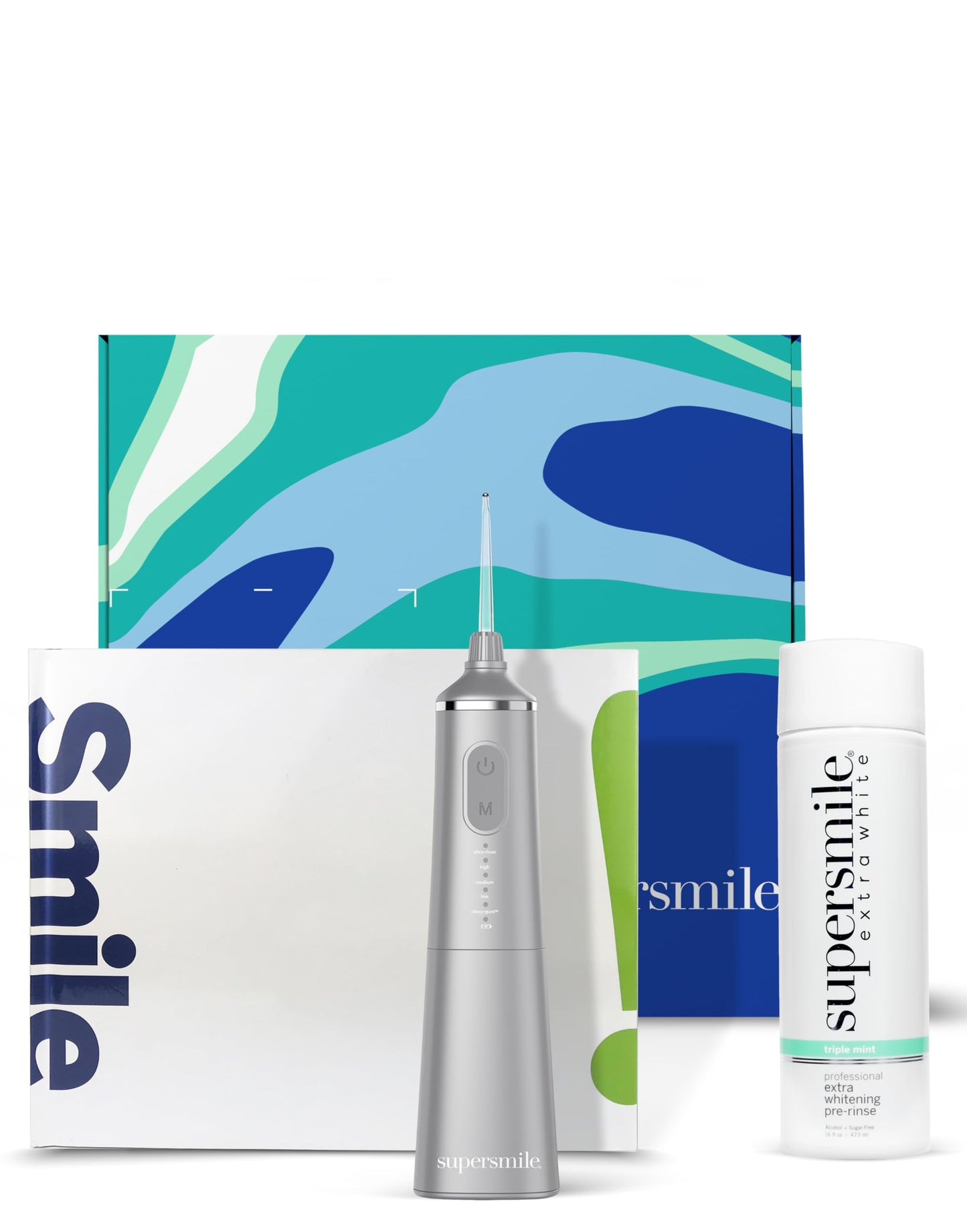 Supersmile Frosted Premium Self-Care Kit – Extra Whitening Pre-Rinse 16 Fl Oz, Professional Zina Water Flosser & Smile Book – Whitens Teeth in Hard-to-Reach Places & Supports Gum Health