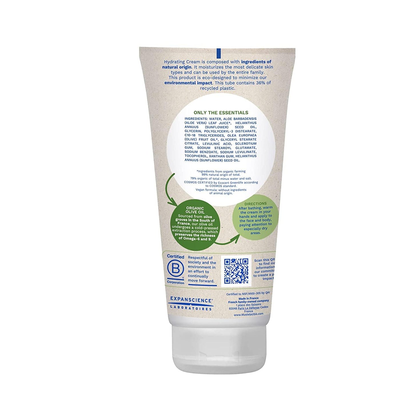 Mustela Certified Organic Hydrating Cream - Natural Body Lotion w/Olive Oil, Aloe Vera & Sunflower Oil - For Baby, Kid & Adult - Fragrance Free, EWG Verified & Vegan - 5.07 oz. - Packaging may vary