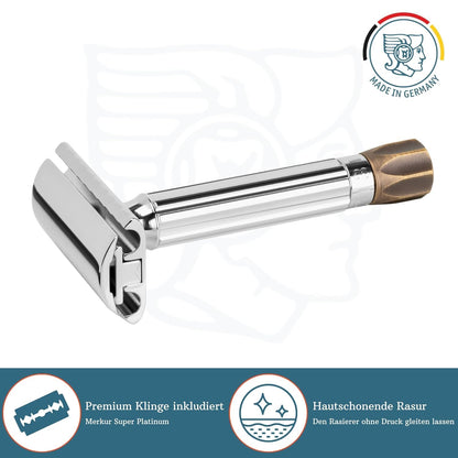 MERKUR Adjustable Safety Razor 500C - Antique, Shiny Chrome/Brass, Two-Piece Premium Razor with Straight Cut, Ideal for Wet Shaving, Die-Cast Zinc, Brass Handle, Made in Germany