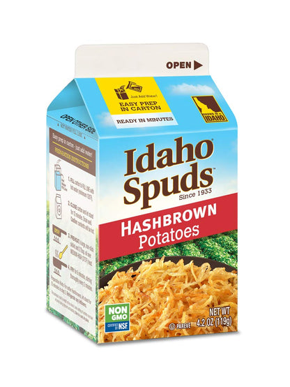 Idaho Spuds Premium Hashbrown Potatoes 4.2 oz | 8 Pack, Made from Real Potatoes | No Artificial Colors or Flavors | Non GMO |Certified Gluten Free, Kosher | 33.6 Ounce
