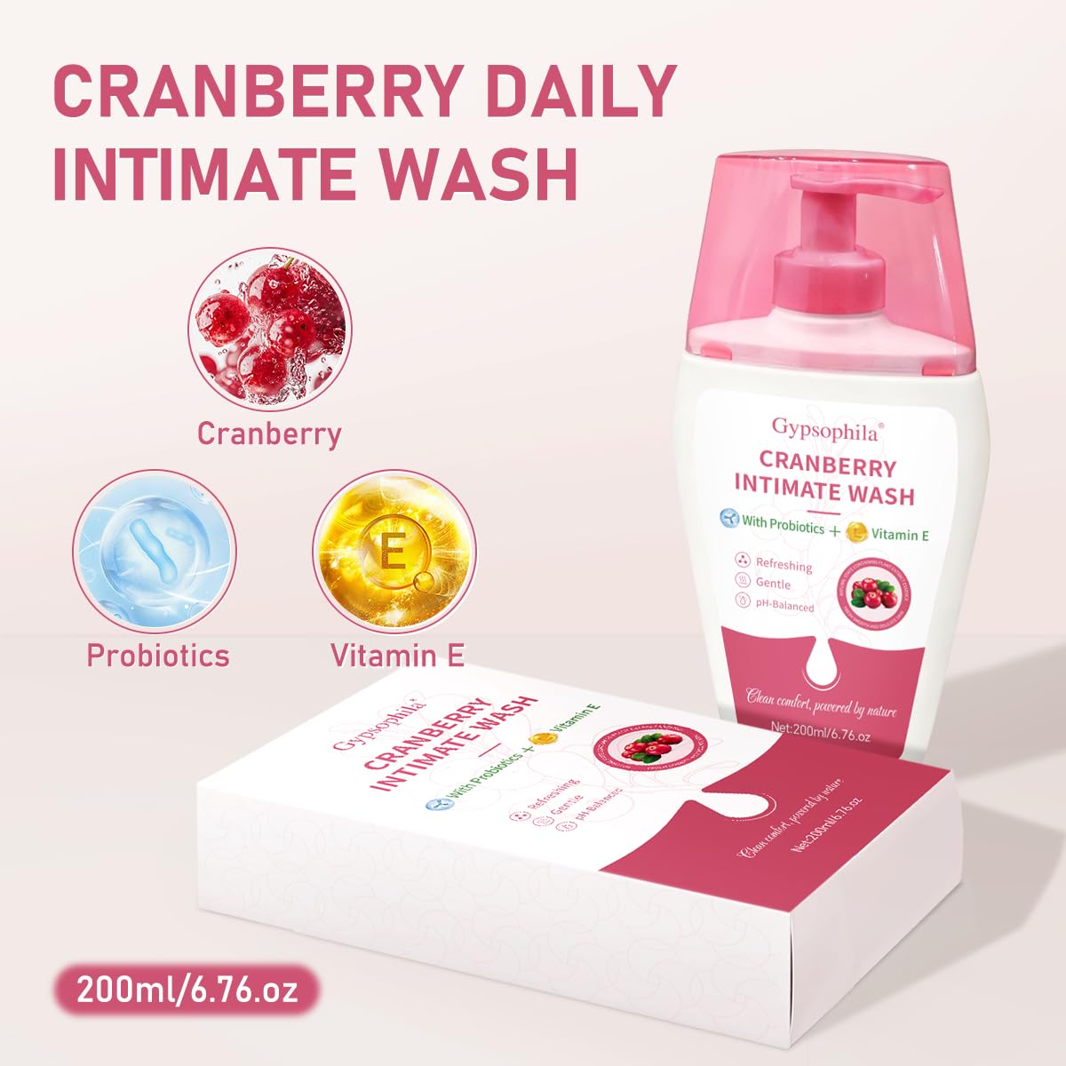 Cranberry Feminine Wash For Intimate Area Hygiene,pH Balance and Vitamin E for Vaginal wash,Non-Irritating,6.76 Fl Oz