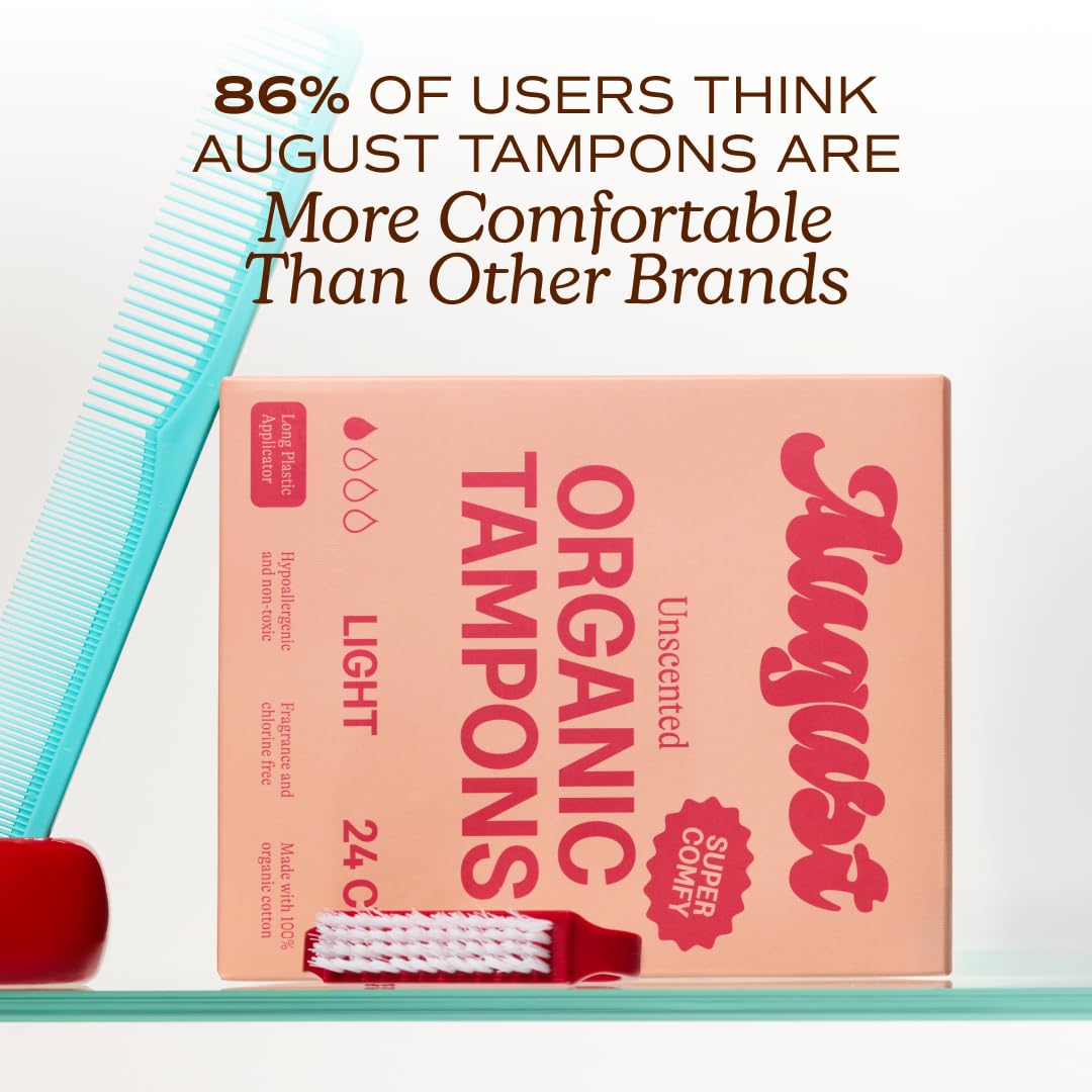 August Light Tampons - 24-Pack 100% Organic Cotton Tampons for Women and Anyone Who Menstruates, Non-Toxic, Fragrance-Free, and Hypoallergenic with Long Applicators