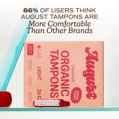 August Light Tampons - 24-Pack 100% Organic Cotton Tampons for Women and Anyone Who Menstruates, Non-Toxic, Fragrance-Free, and Hypoallergenic with Long Applicators