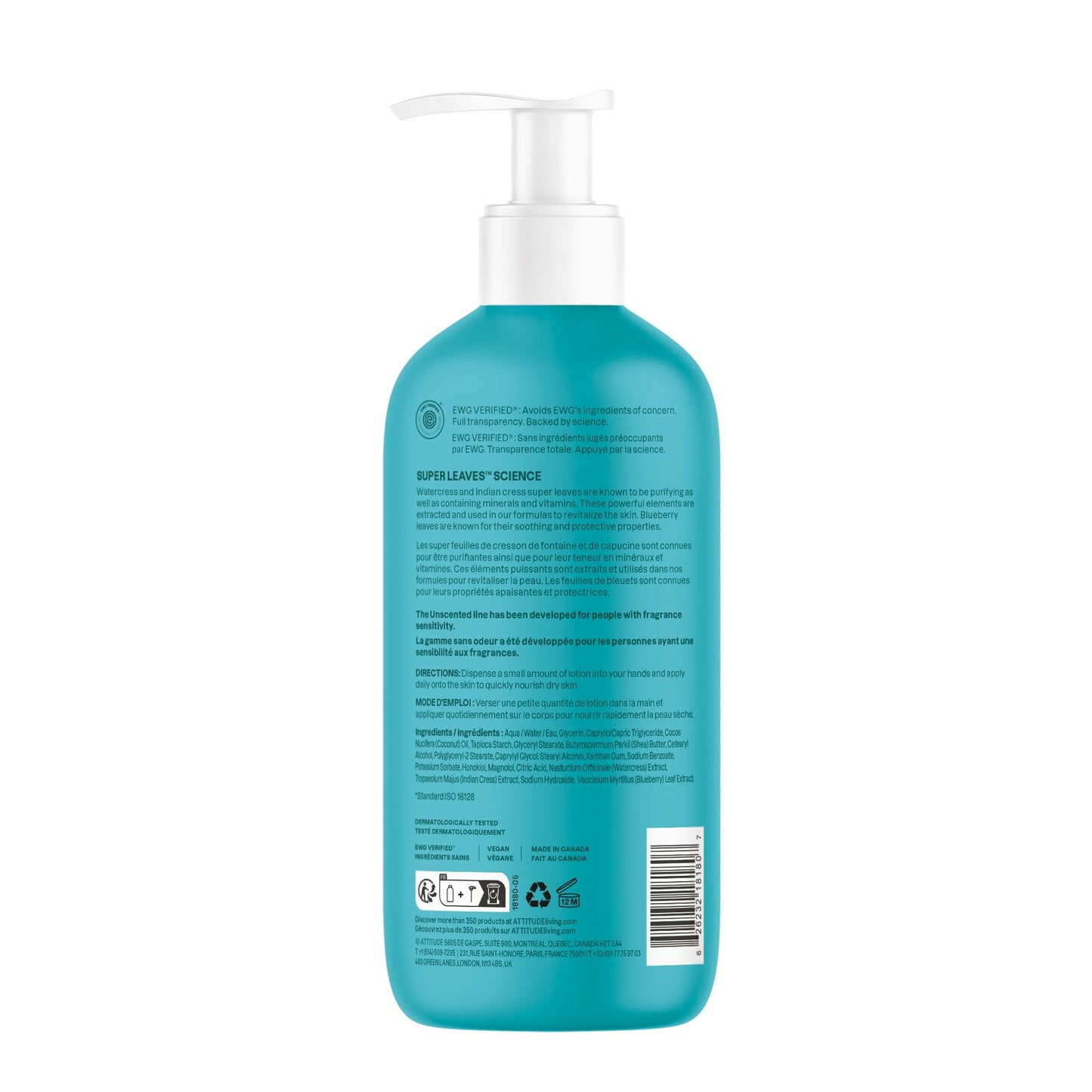 ATTITUDE Body Lotion, EWG Verified Moisturizer, Vegan Skin Care Products, Non-Greasy, Hydrating for Dry Skin, Cruelty Free, Extra Gentle, Unscented, 16 Fl Oz
