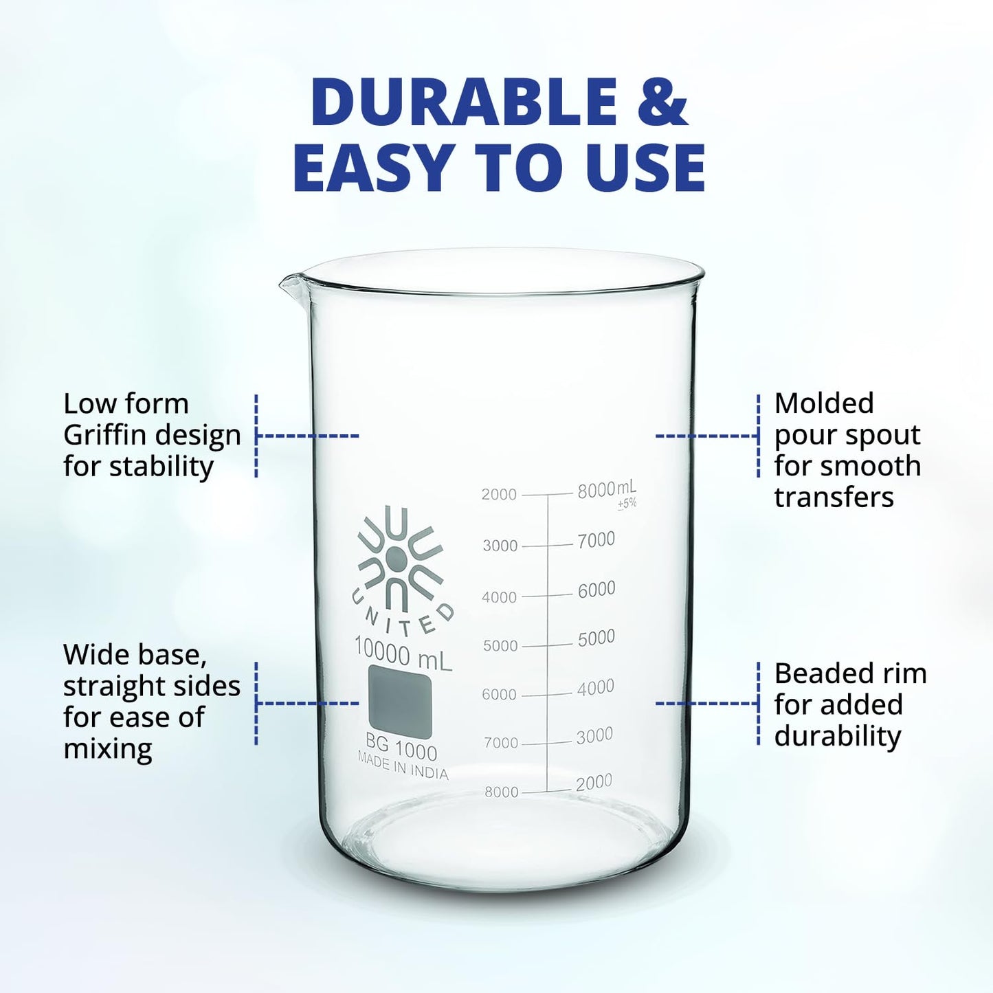 United Scientific™ (1,000mL) 1 Liter Beaker - Low Form Griffin, 3.3 Borosilicate Glass Beaker, Double Scale Graduated Chemistry Glassware with Pour Spout, Autoclavable Laboratory Glassware, 1 Each