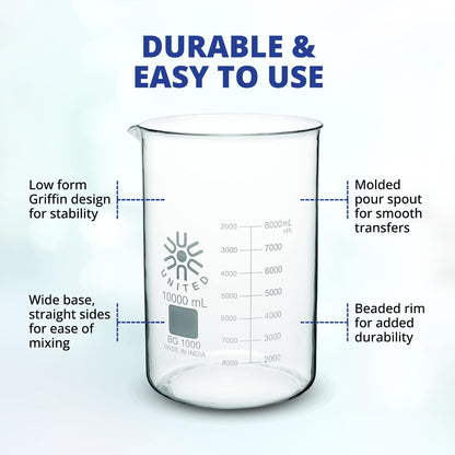 United Scientific™ (1,000mL) 1 Liter Beaker - Low Form Griffin, 3.3 Borosilicate Glass Beaker, Double Scale Graduated Chemistry Glassware with Pour Spout, Autoclavable Laboratory Glassware, 1 Each