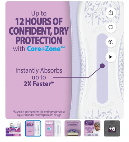 Equate Options Women's Incontinence Pads, Maximum Absorbency, Long Length (51 Units)