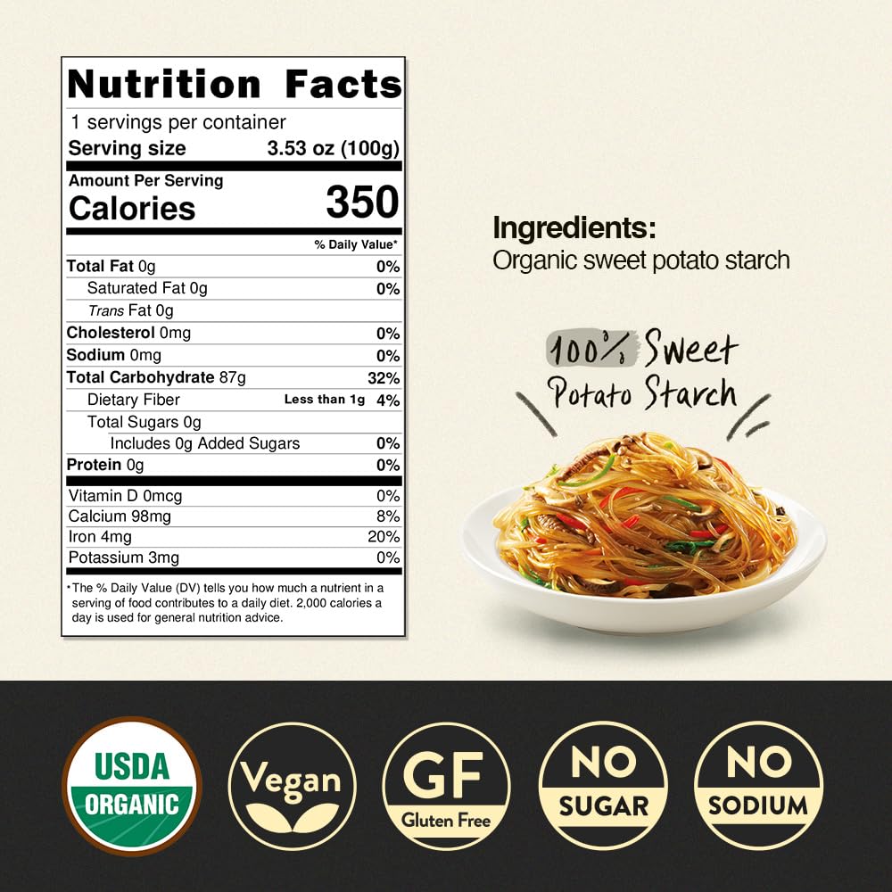 Chung Jung One Korean Sweet Potato Glass Noodle, Non GMO (Gluten Free), Vegan, No Sodium, No Sugar 3.5oz (100g), 4 PACK