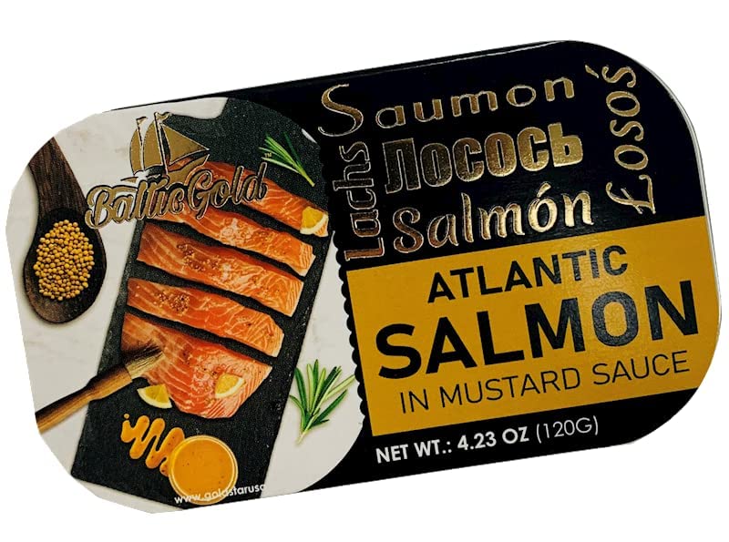 Baltic Gold Atlantic Salmon Fillets - 4.23 oz (120g) - Product of Latvia (In Mustard Sauce, 3 Pack)