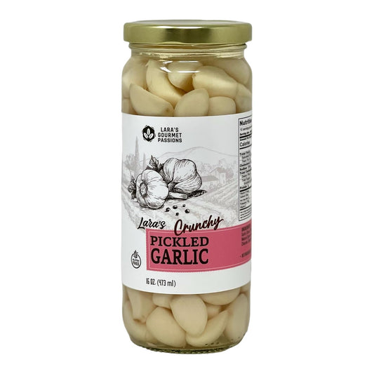 Lara's Pickled Garlic Cloves in Jar (16 fl oz) - Crunchy and Mild Flavor - Long Shelf Life - Canned Garlic