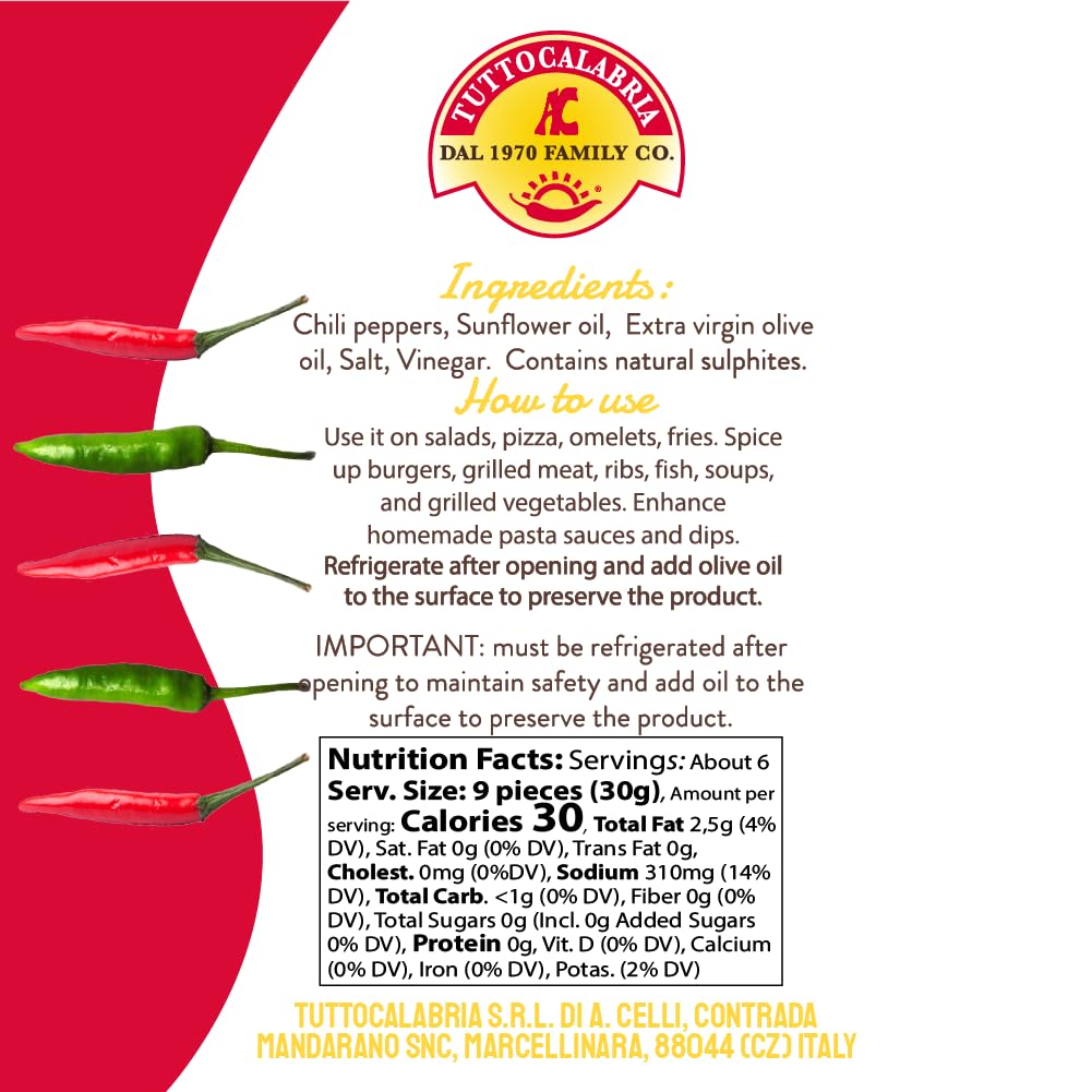 TUTTOCALABRIA Sliced Calabrian Chili Peppers, Rounds, Cut, Chopped, 10 oz (290 g), All Natural, Non-GMO, Product of Italy