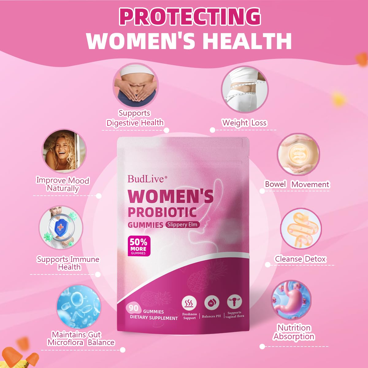 Vaginal Probiotics Gummies for Women, pH Balance for Women, Feminine Probiotics Gummy for Vaginal Health, Odor Control, Gut Health, Immune Support, Pineapple Probiotic Gummies for Woman, 90 Count