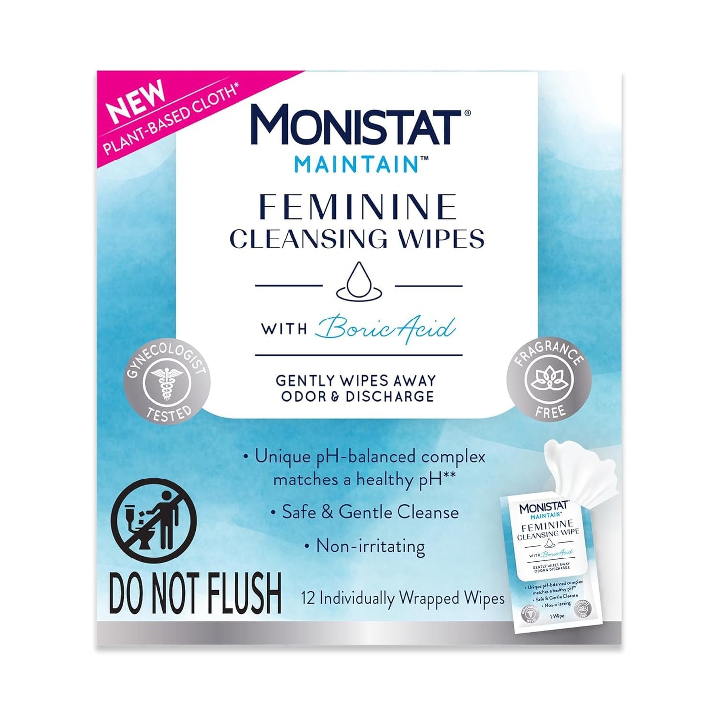 Monistat Maintain Feminine Wipes for Feminine Care, Fragrance Free, 12 CT (Pack of 3)