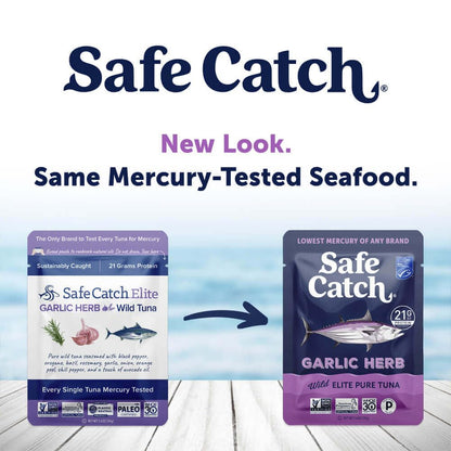 Safe Catch Elite Lowest Mercury Wild-Caught Tuna Fish Pouch, Garlic Herb Flavor, Gluten-Free, Paleo, Non-GMO, High Protein, Keto Food, 2.6oz, Pack of 12