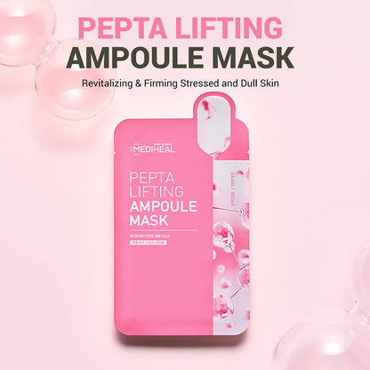Mediheal Pepta Lifting Ampoule Mask, Pack of 15 - Peptides and Collagen Lifting Facial Mask Sheet, Revitalizing and Firming Stressed Skin, Silky Smooth Cellulose Sheet