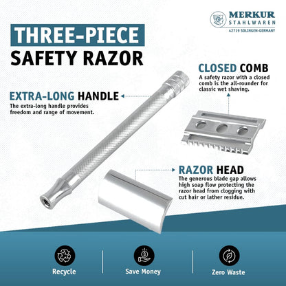 MERKUR 24C Safety Razor For Women with 10 Double Edge Blades | Extra Long Handle | Three-piece Razor | Straight Cut | Bright Chrome Finish | Made in Germany