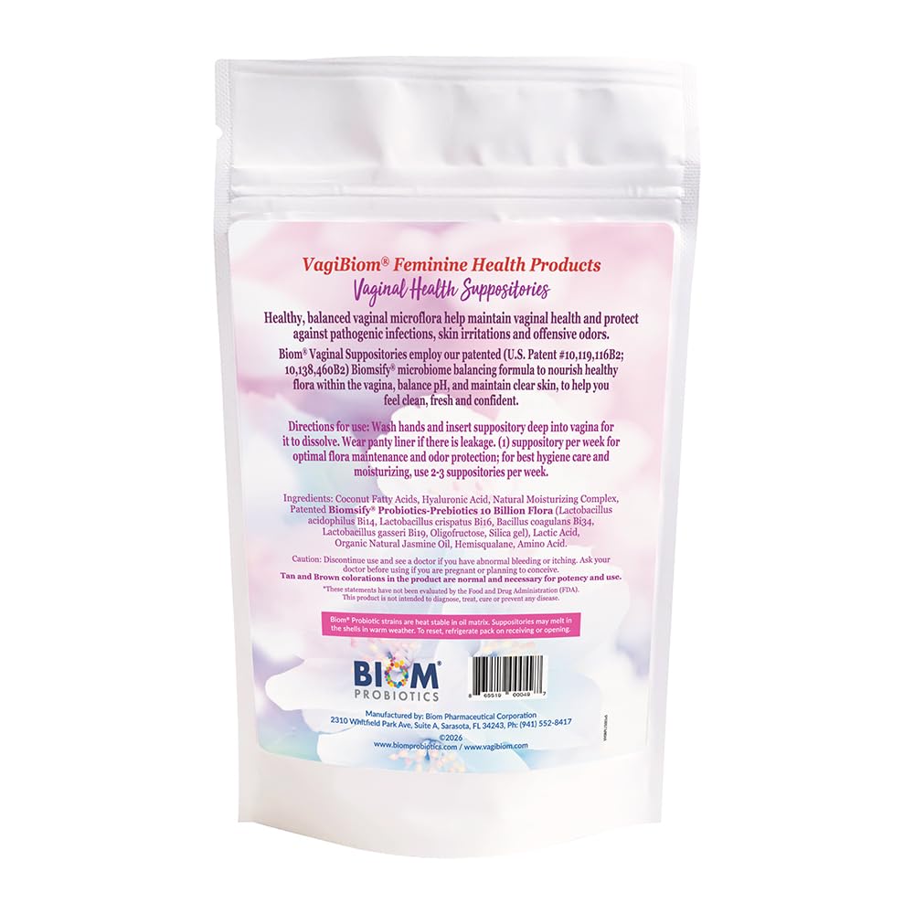 VagiBIOM® Feminine Care Suppositories – Intimate Moisturizing & Freshness Support - Lactobacillus + Prebiotics Formula 100% Vegan – No Parabens, No preservatives (15 Count)