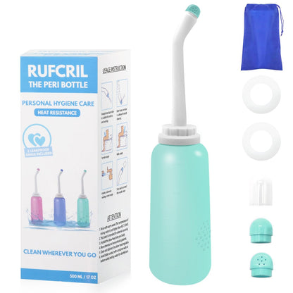 RUFCRIL Peri Bottle, Portable Travel Bidet with Bag, TPE Material Can Be Boiled, 17oz/500ml with 2 Sealing Rings,Essentials for Postpartum Perineal Care,Feminine Cleansing,and Baby(Green)