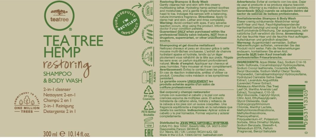Tea Tree Hemp Restoring Shampoo & Body Wash, 2-in-1 Cleanser, For All Hair Types