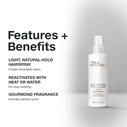 Paul Mitchell Soft Hairspray, Lightweight, Soft Hold + Brushable Finish, For All Hair Types