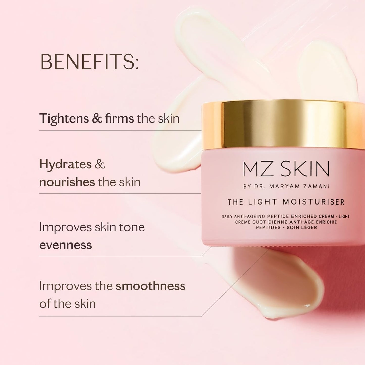 MZ SKIN The Light Moisturiser 1.69 fl oz | Hydrating Anti-Aging Face Cream with Hyaluronic Acid, Bio-Identical Collagen & Peptides | Oil-Free Feel, Firms & Brightens