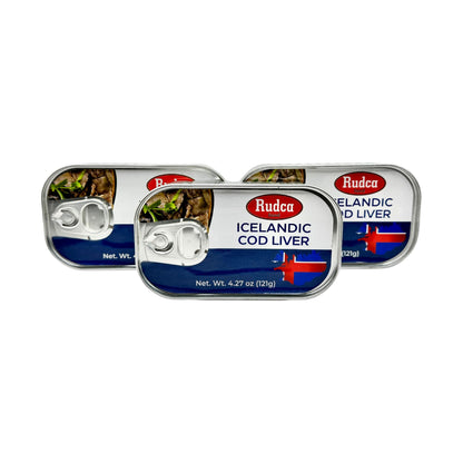 Rudca Food Icelandic Cod Liver - Wild-Caught in Own Oil - 4.27 oz (121g) (Pack of 3)