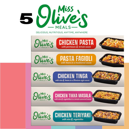 Miss Olive’s Ready Meals Variety Pack – 5 Pack of Ready-to-Eat Microwaveable Meals – Tinga, Tikka, Teriyaki, Pasta Fagioli & Chicken Parm – Bigger Portion Sizes, Heat & Serve Convenience