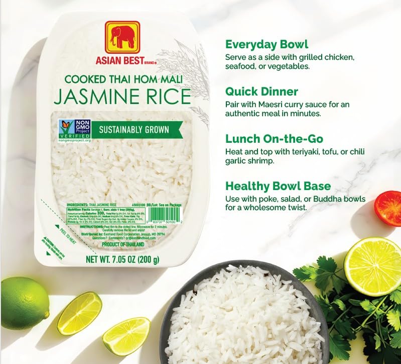Asian Best Ready to Eat Cooked Thai Hom Mali Jasmine Rice, 12 Packs x 200g