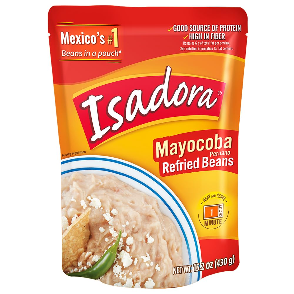 Isadora Mayocoba Refried Beans in Pouch (Pack of 8), Delicious Peruano Refried Pinto Beans, Microwave Food Premade Meals, Plant Based Protein,15.2 oz