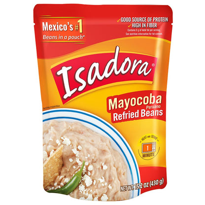 Isadora Mayocoba Refried Beans in Pouch (Pack of 8), Delicious Peruano Refried Pinto Beans, Microwave Food Premade Meals, Plant Based Protein,15.2 oz