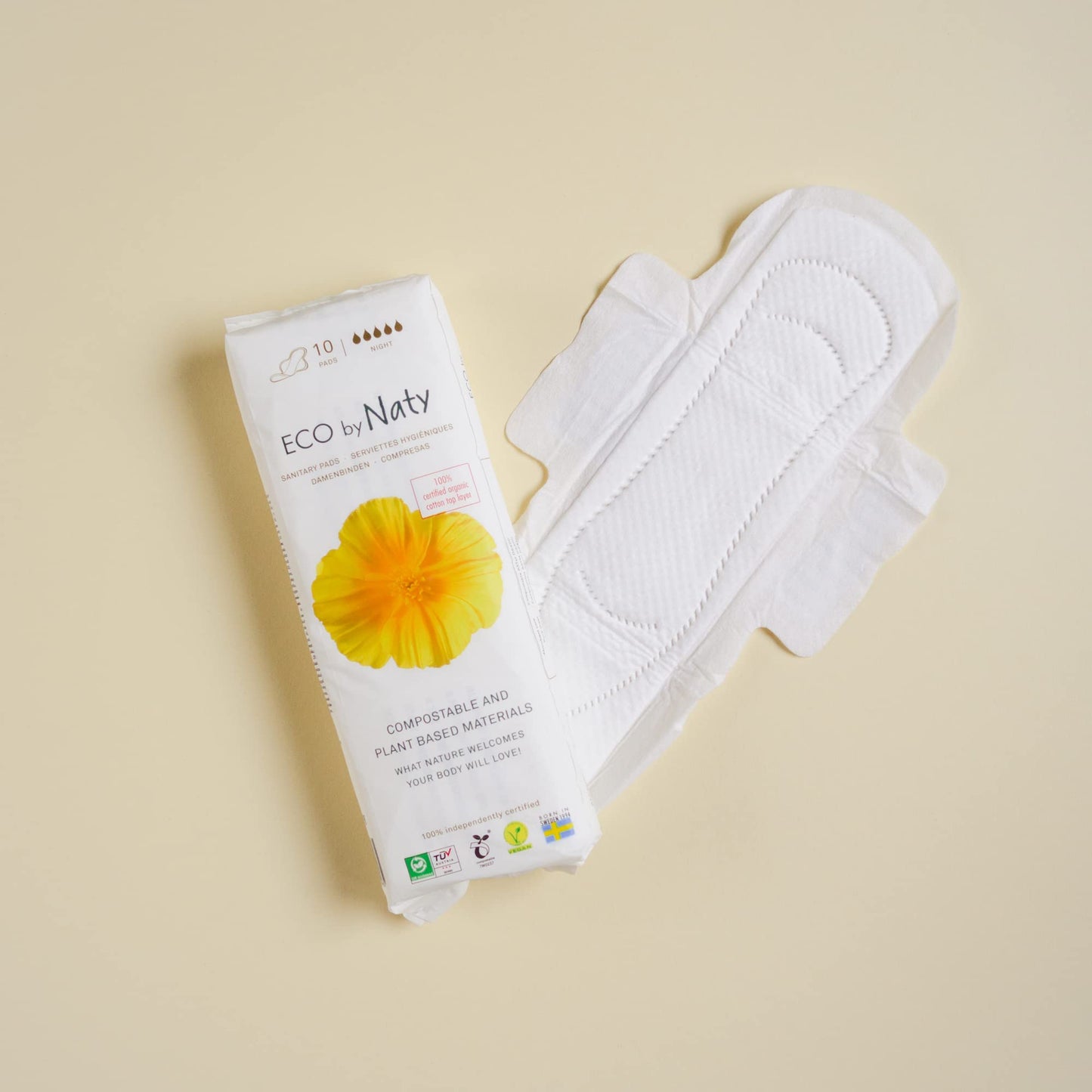 Naty Sanitary Pads Night – Plantbased and Absorbent Pads for Women, Organic Cotton Menstrual Product, Better for Feminine Health (10 Count)