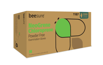 BeeSure BE1187 NeoGrene Chloroprene Powder Free Exam Gloves, 3.2 mil, Green, Medium (Pack of 200)