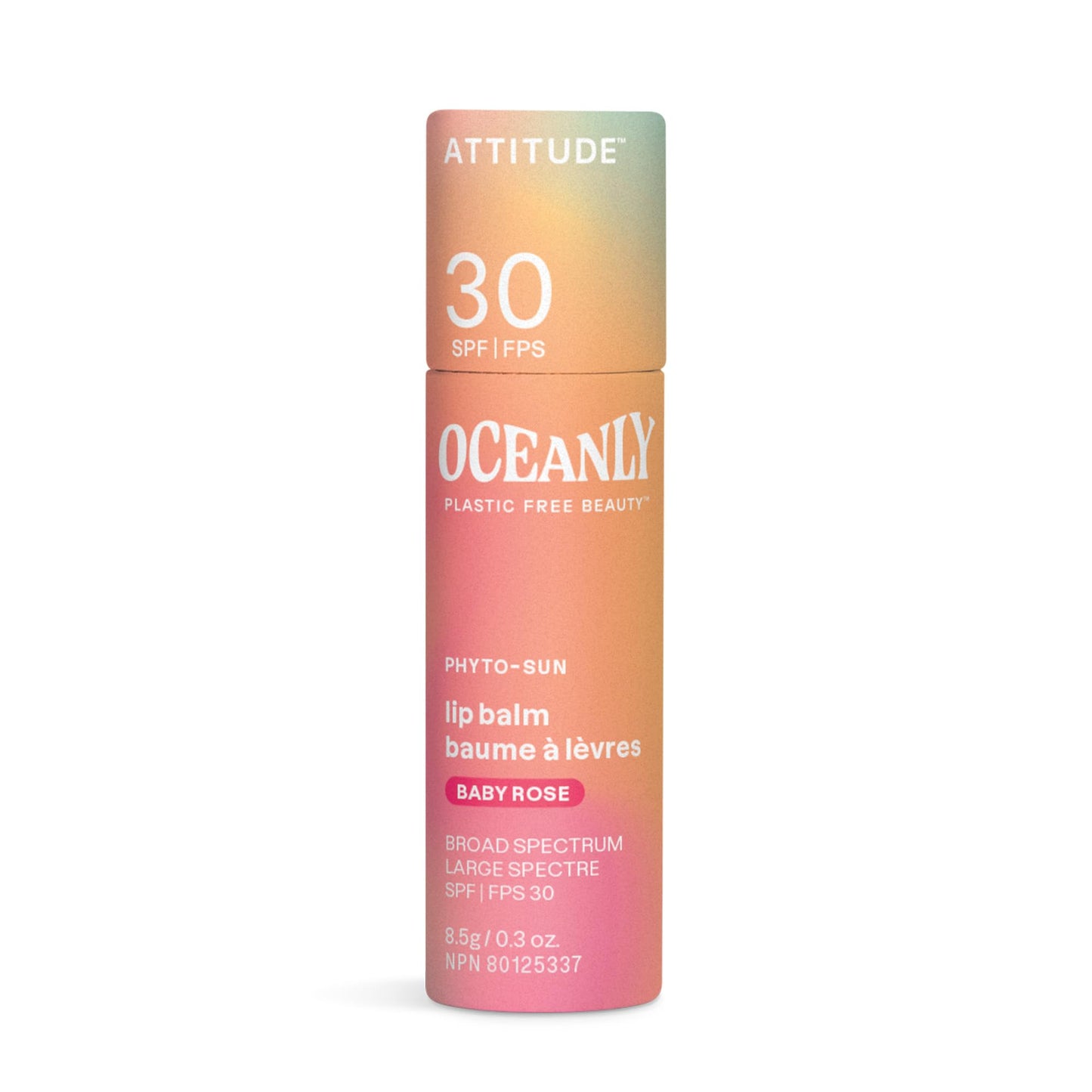ATTITUDE Oceanly Tinted Lip Balm with SPF 30, EWG Verified, Plastic-Free, Broad Spectrum UVA/UVB Protection with Zinc Oxide, Vegan, Unscented, Baby Rose, 0.3 Ounce