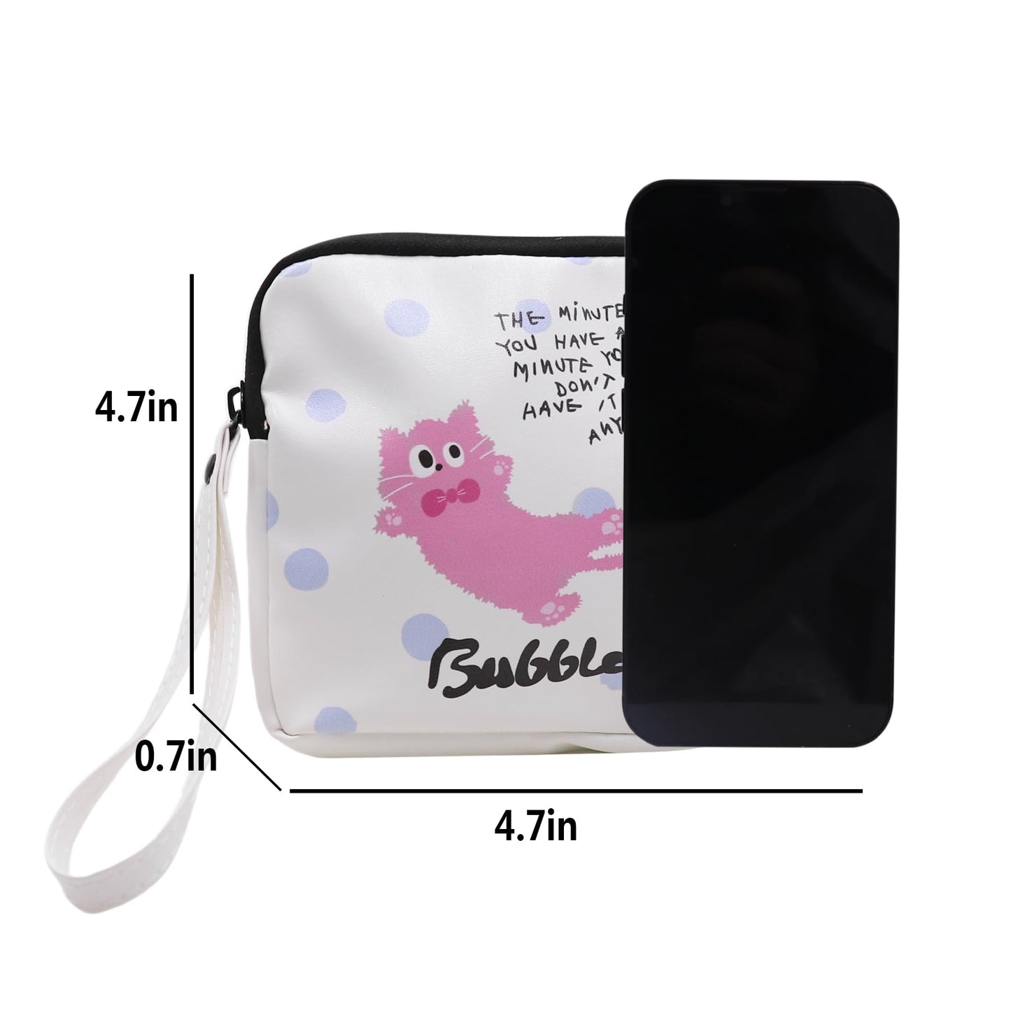 Period Bag Feminine Pads Storage Bag with Wrist Strap PU Tampon Holder Organizer Pouch Small Square Make Up Bag,Pink Cat