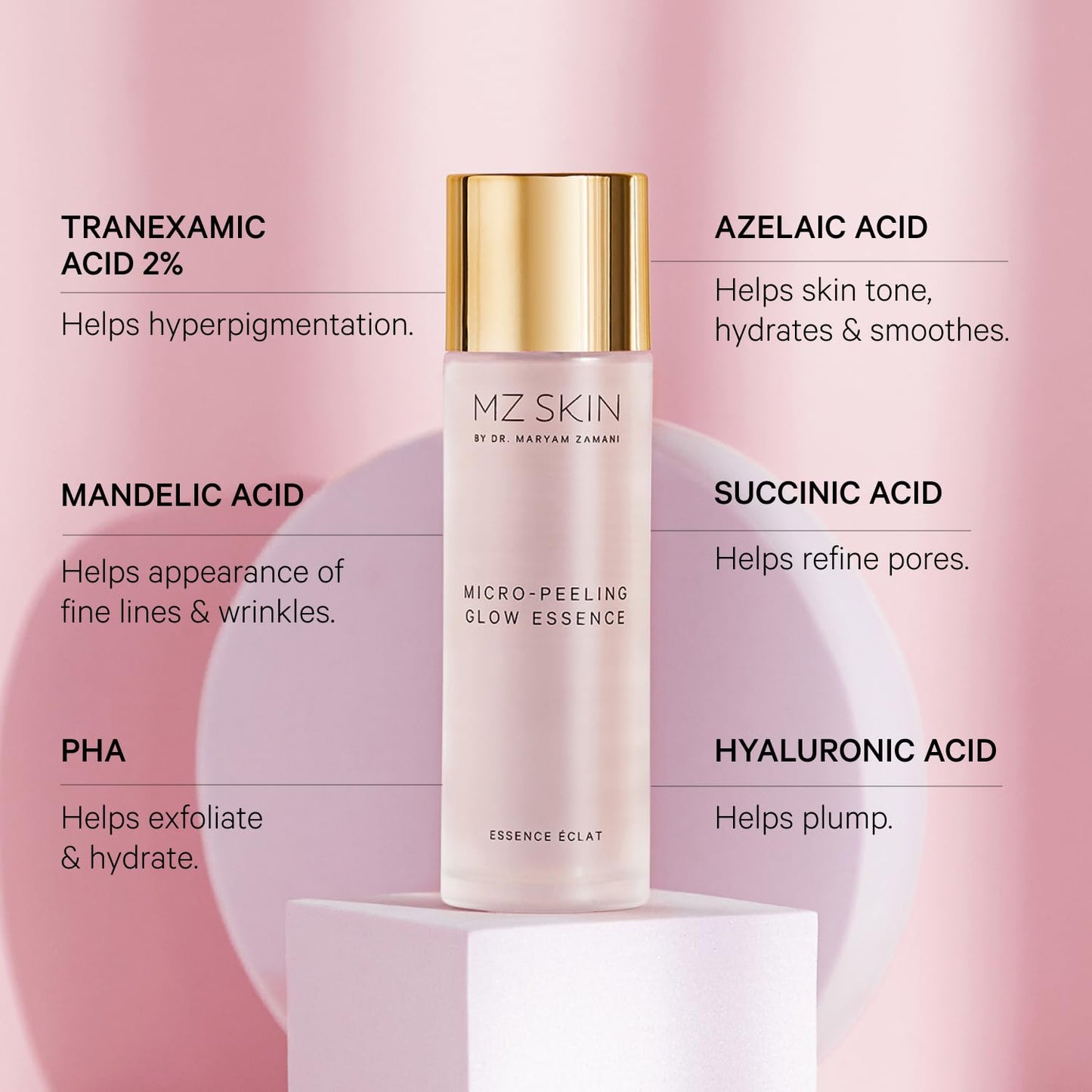 MZ SKIN Micro-Peeling Glow Essence 1.01 fl oz | 5% Azeloglicina, 3% Succinic & 2% Tranexamic Acid | Brightens, Clarifies & Smooths