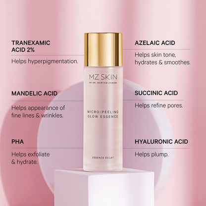MZ SKIN Micro-Peeling Glow Essence 1.01 fl oz | 5% Azeloglicina, 3% Succinic & 2% Tranexamic Acid | Brightens, Clarifies & Smooths