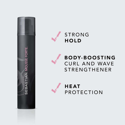 Sebastian Professional Mousse Forte | Strong-Hold Hair Styling Mousse | Volume, Body-Boosting for Curls & Waves with Heat Protection | 7 oz