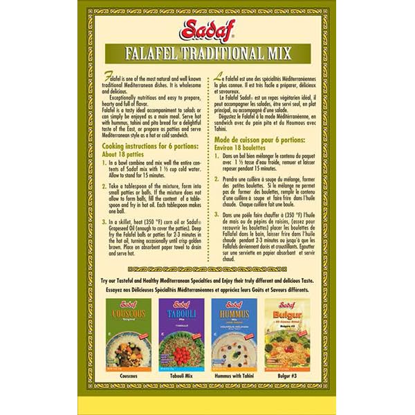 Sadaf Traditional Falafel Mix - Classic Middle Eastern Dish - Vegetarian Falafel - NO MSG - NO Artificial Preservatives - 12 Oz Box