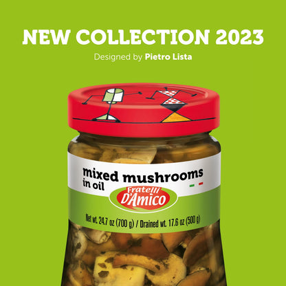 FRATELLI D'AMICO - Mixed Mushrooms in oil, Family-Size, 24.7 oz (700 g), Italian Appetizer, NON-GMO