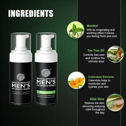 Skin Elements Intimate Wash for Men Combo | Tea Tree Oil & Menthol | pH Balanced Foaming Hygiene Wash | Controls Bad Odor & Sweat | 120 ml | Pack of 2 |