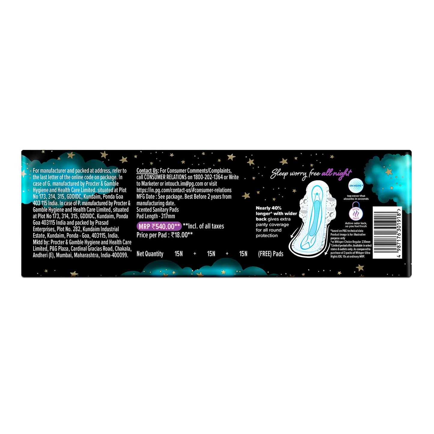 Whisper Ultra Night Sanitary Pads for Women, XL+ 15 (Pack of 3) Napkins