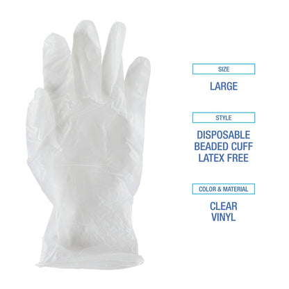Boardwalk General Purpose Vinyl Gloves, Powder/Latex-Free, 2.6 mil, Large, Clear, 100/Box, 10 Boxes/Carton
