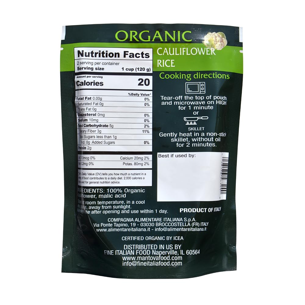 Mantova Organic Cauliflower Rice, 8.5 oz. (Pack of 6), Product of Italy, One-Pot Meal, Microwaveable, Ready-in-Minutes Cauliflower Rice, All-Natural, Healthy Rice Alternative, Ideal for Soups, Stews, Side Dishes, Salads, Rice Bowls, Breakfast Bowls...